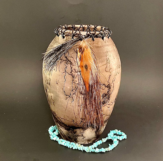 Large Narrow Stitched Lip Horse Hair Pottery