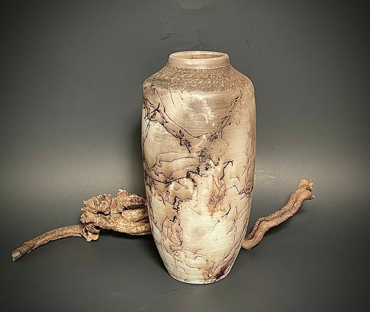 Tall Teal Chattered Horse Hair Pottery